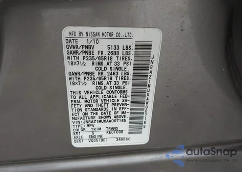 2010 Nissan Murano Sl z USA, uszkodzony, nr VIN JN8AZ1MUXAW007165